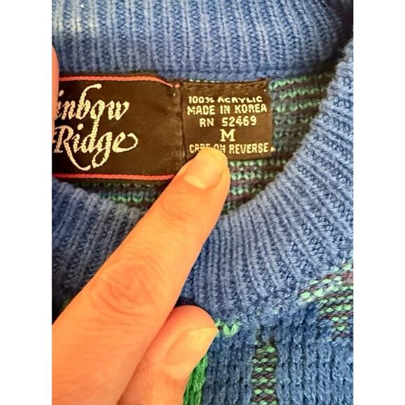 Vintage Rainbow Ridge Sweater Geometric Blue Green Purple Made in Korea M - Picture 3 of 7